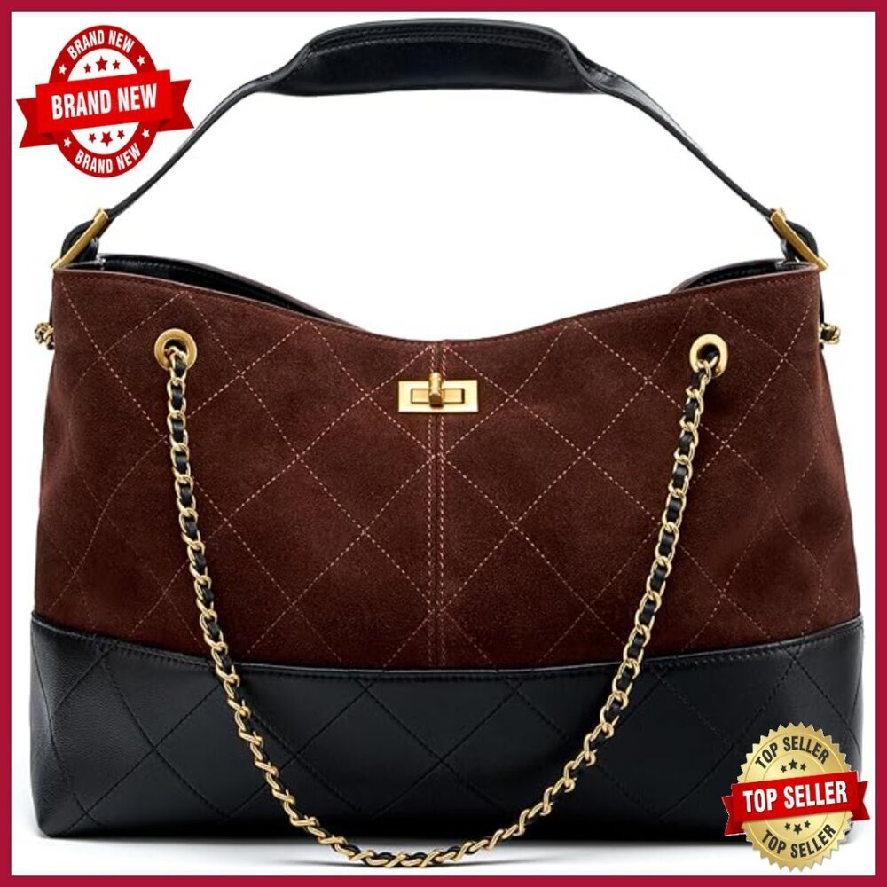 Large Genuine Leather Quilted Tote Bag with Gold Chain Strap